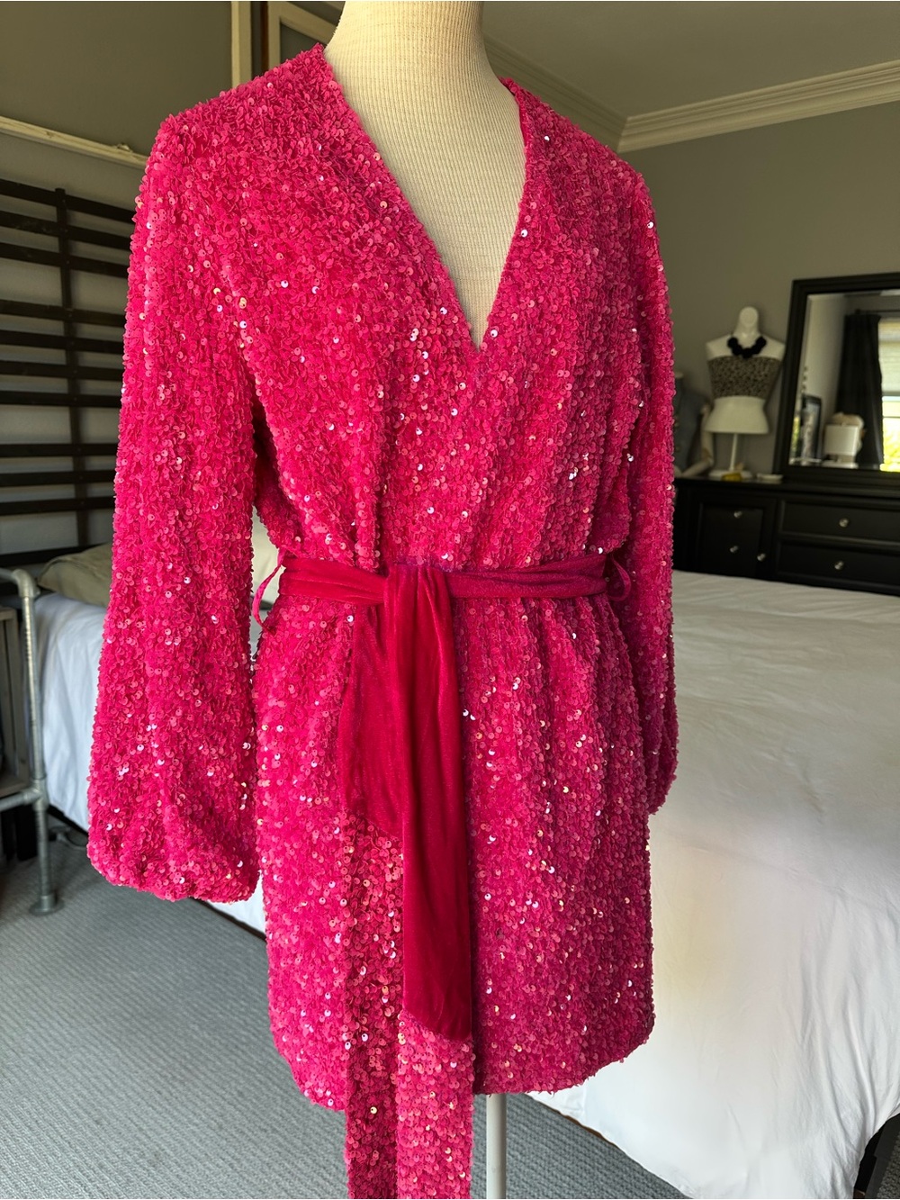 Blue B Collection, Bright Pink Sequin Wrap Mini Dress with Belt, size large - Picture 4 of 16